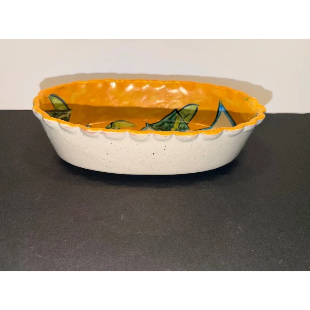 Hand Painted Ceramic Oval Scalloped Floral Serving Bowl Calla Lily Multicolor